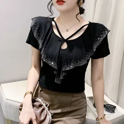 #5410 Summer T Shirt Women Short Sleeve Sexy Office Mesh T Shirt Ruffles Diamonds Sexy Tight Elastic T Shirt Female Hollow Out