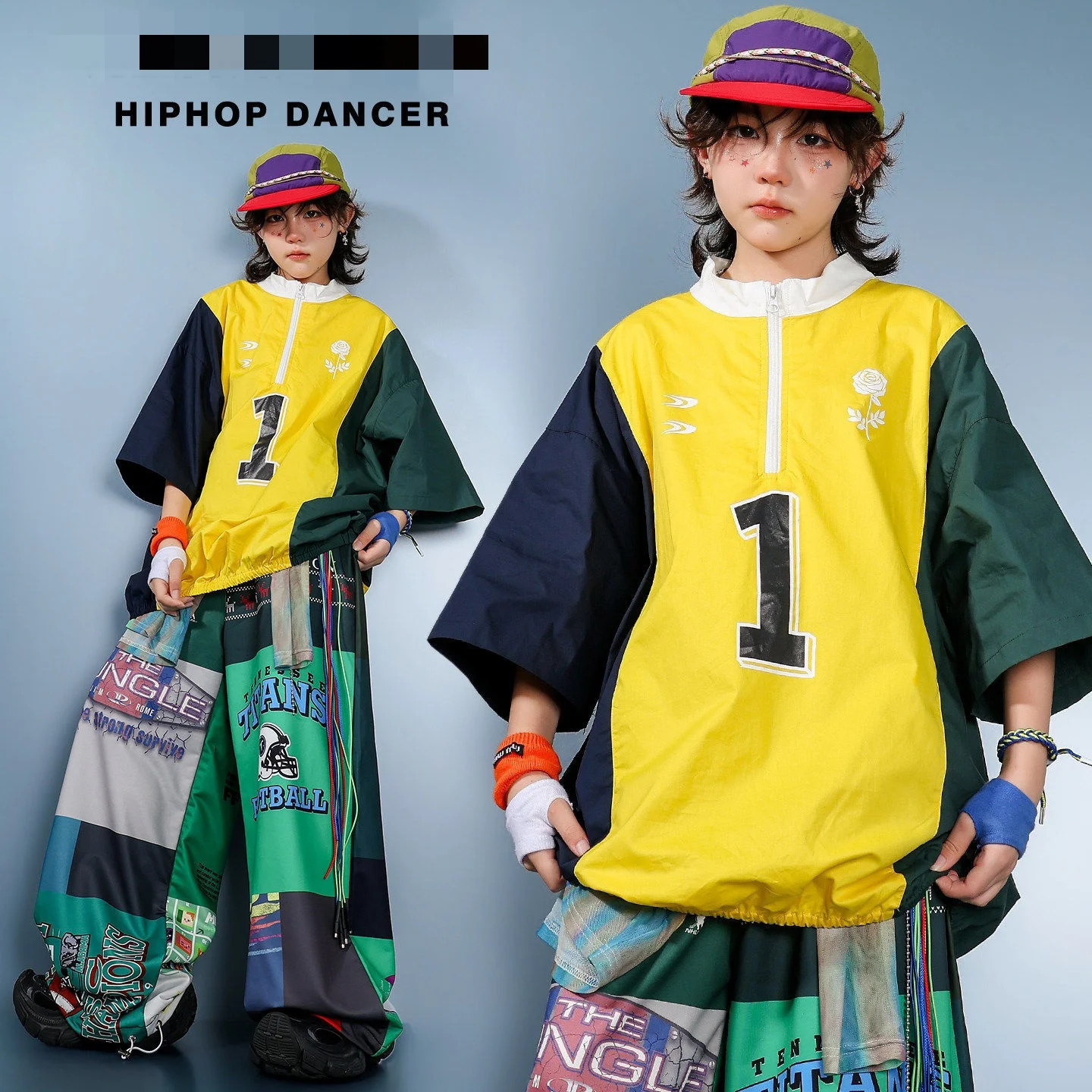Kids Color Block Half Zip Jersey Print Oversized Hip Hop Street Dance Top Boys Girls Retro Contrast Stage Performance Costumes