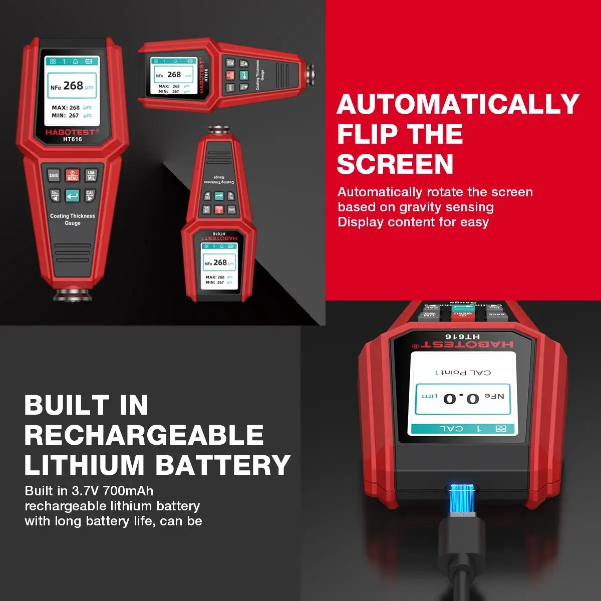 HABOTEST HT616 Autolackschichtdickenmessgerät 0-1500UM Autofolienlackschichtdickenmessgerät mit Speicherfunktion für Kalibrierdaten in Gruppen – Detail 12