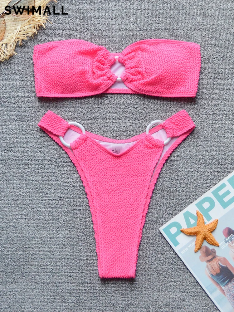 Bikini Bandeau con anillo para mujer, traje de baño texturizado, conjunto de Bikini de dos piezas, ropa de playa, 2024