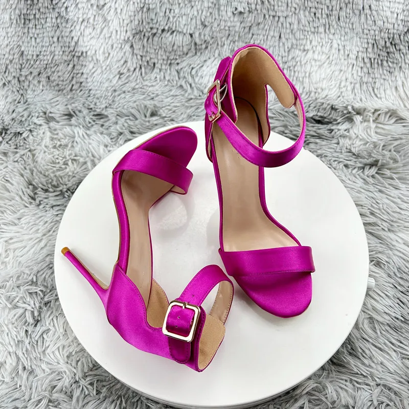 Tikicup Newly Fuchsia Slik Satin Women Ankle Strap Open Toe High Heel Sandals 10cm Elegant Summer Dress Stiletto Pumps Shoes