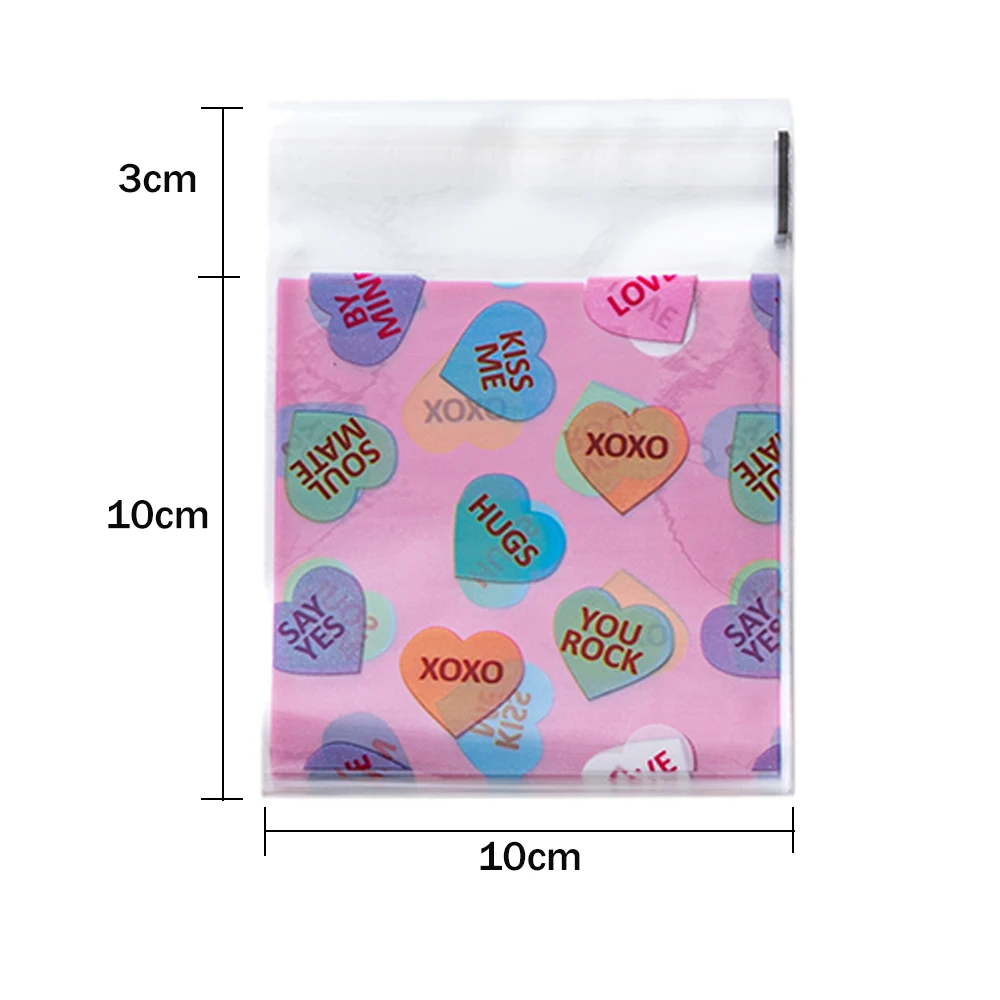 100pcs 10x10cm Mix Valentine Cellophane Bags Cookie Treat Bags Heart Self-Adhesive Clear Plastic Candy Pouch Jewelry Display