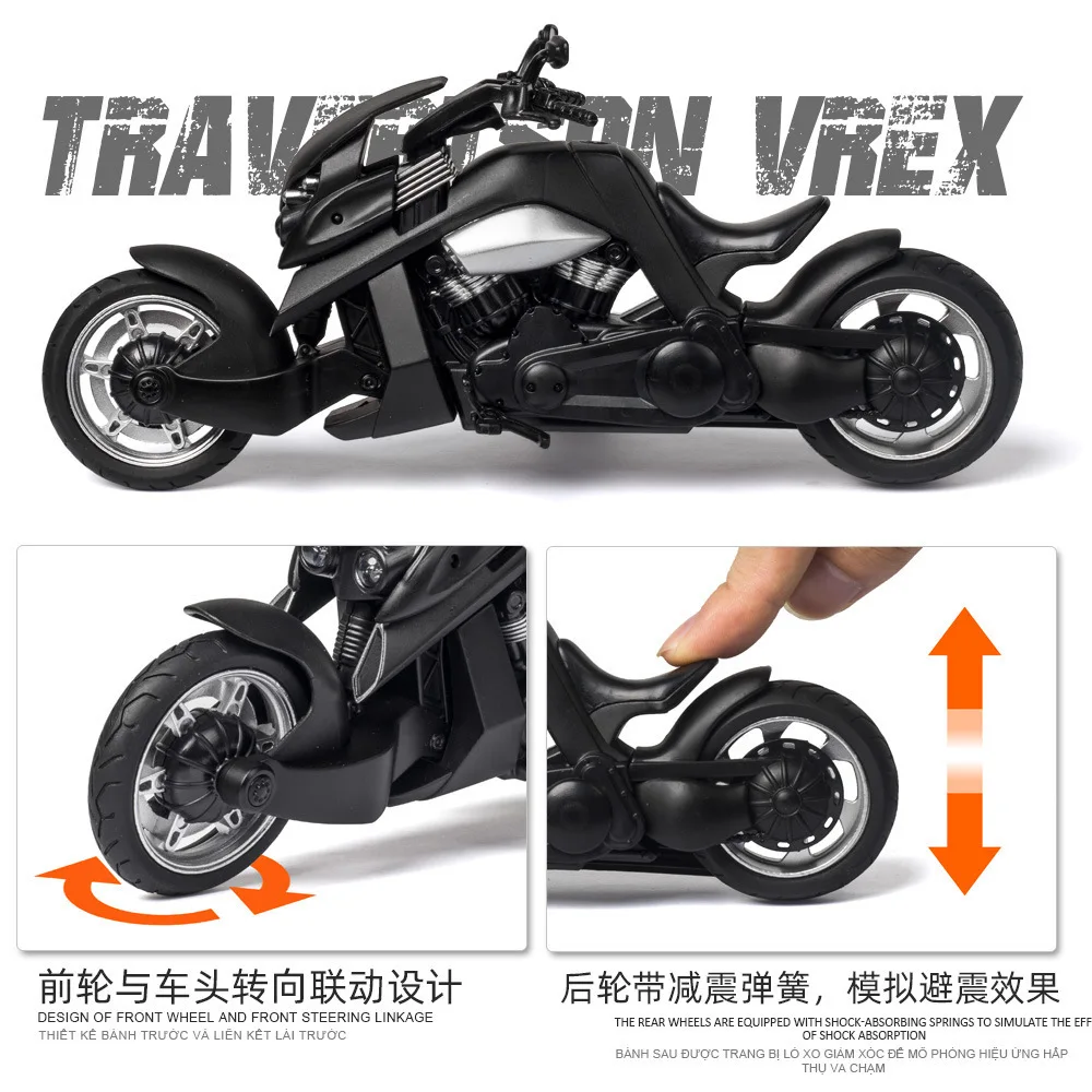 1:12 Model Motocykla V-REX, Zabawki, Odlew ze Stopu, Dźwięk, Światło, Amortyzacja, Gumowe Opony, Miniaturowe Motocykle, Prezenty Festiwalowe