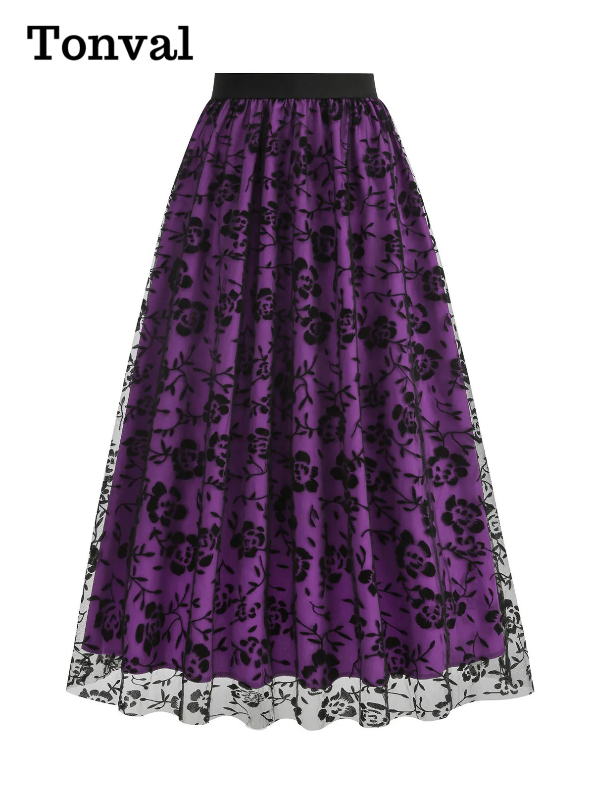 Tonval Gonne lunghe in vita elastica con rivestimento in rete floccata floreale vintage per donna Gonna a pieghe elegante per festa di Halloween