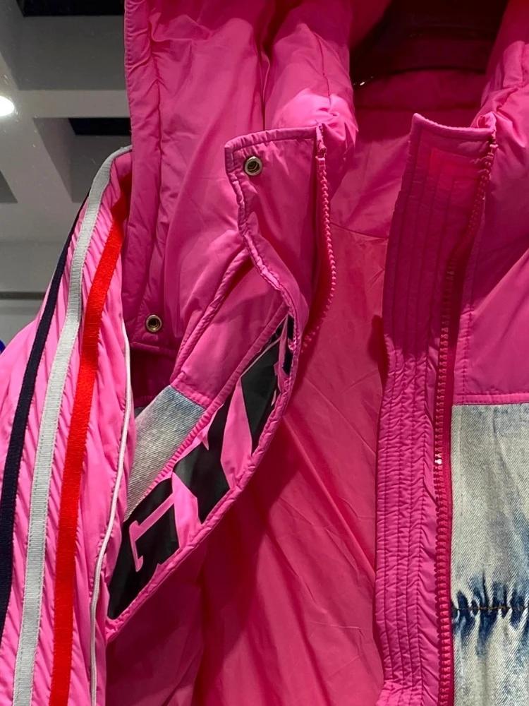 2025 Winter Down Jacket Women Denim Splicing Contrast Color Letter Parkers Thick White Duck Puffer Coat Short Trendy Commute Top