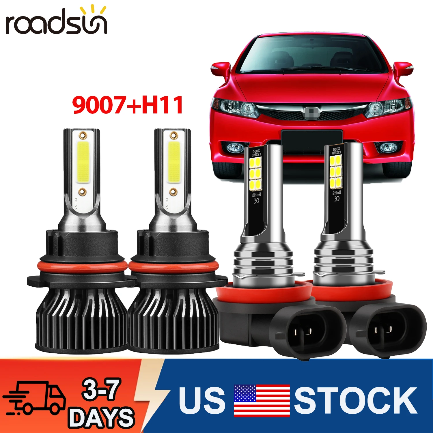 Roadsun 9007 Hi/lo Beam H11 Fog Lamp LED Headlamps Combo Kit 6000K Ultra White COB Chips Car Light IP68 Waterproof Upgrade Auto Light Bulbs
