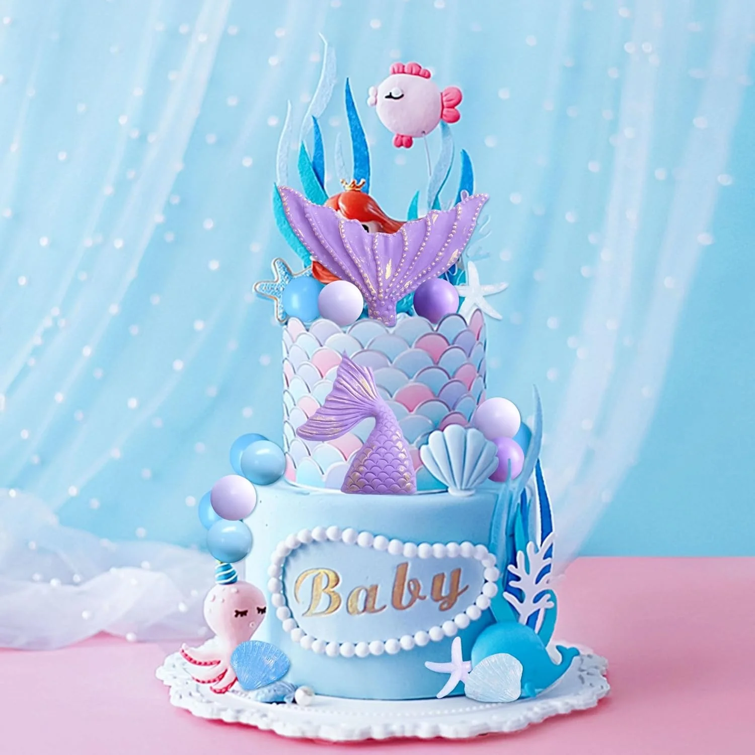 Lila Kleine Meerjungfrau Topper Unterwasser-Dekoration Muschel-Topper Meerjungfrauenschwanz-Topper Meerjungfrauen-Party-Zubehör Meer – Detail 2