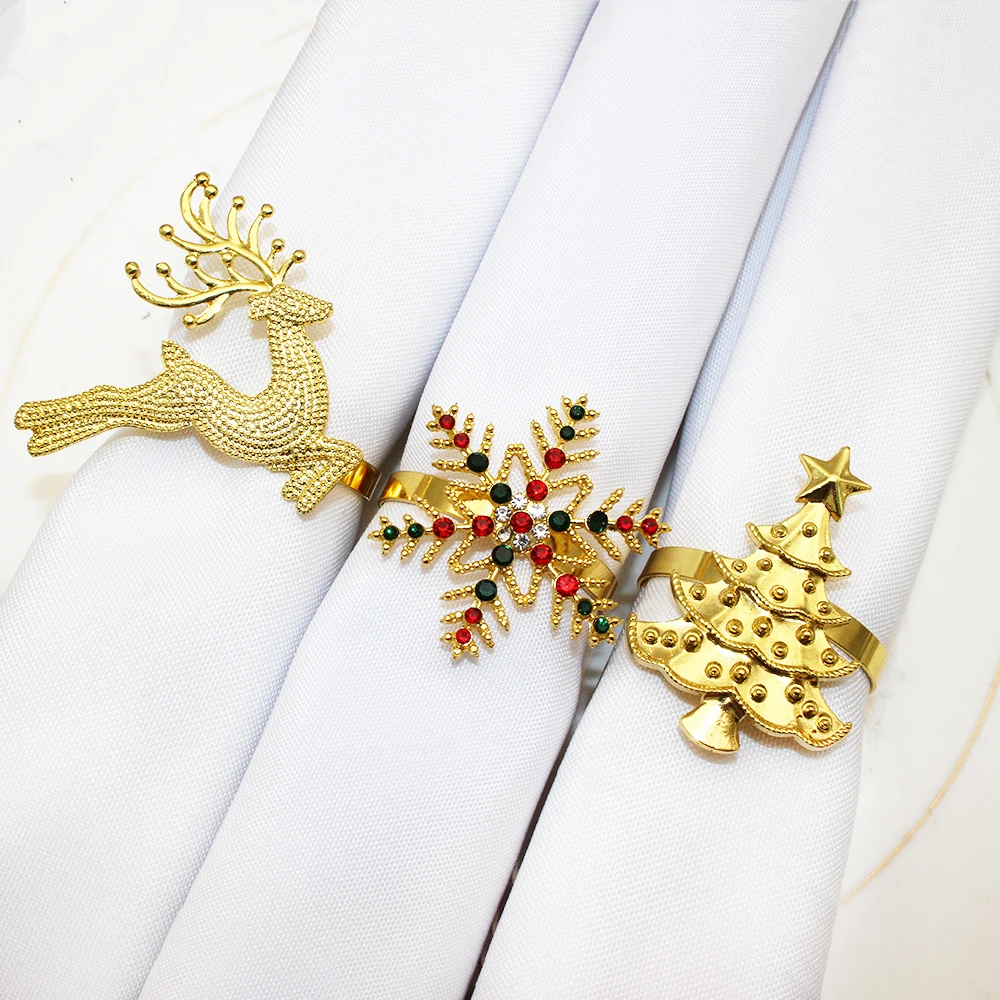 6Pcs Gold Christmas Napkin Rings Set Xmas Tree Snowflake Reindeer Napkin Holder for Christmas Wedding Party Dinner Table Decor