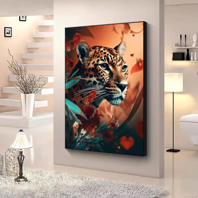 Lion Flamingo Panda Monkey in Flower Jungle Art Posters Wild Animal Art Canvas Painting Print Wall Art Picture Home Decor Mural
