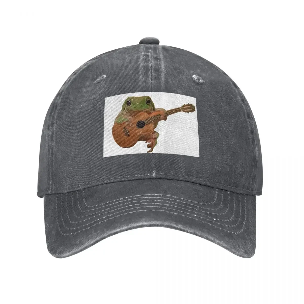 Frog playing on guitar, cute frog playing on ukulele, cute frog sitting, sitting, realistic sitting and playing on Baseball Cap