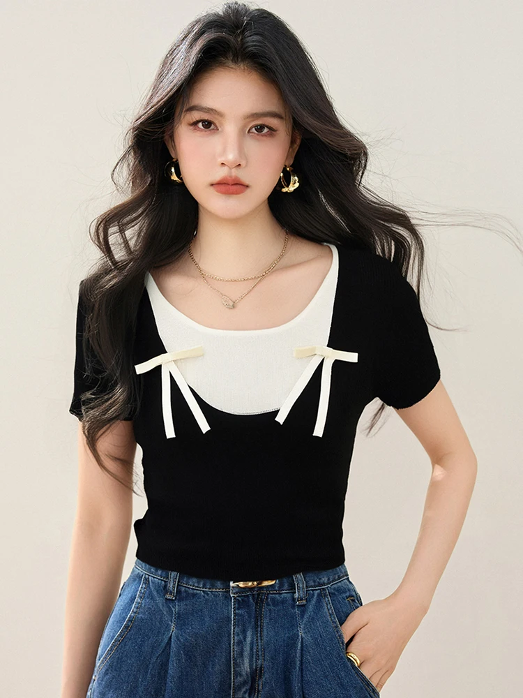 エレガントな弓ニットトップス 2025 夏の新純粋な欲望甘いスパイスガール半袖 Tシャツファッション偽ツーピーストップ