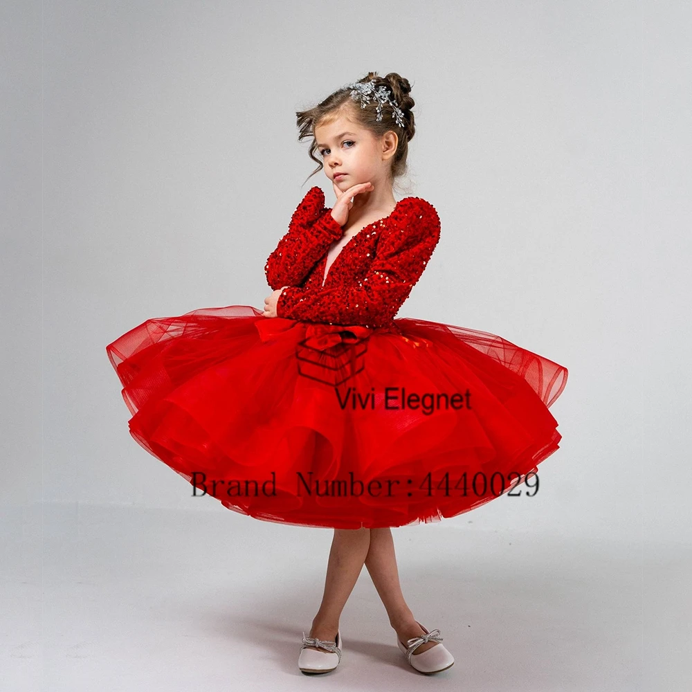 

VV980019 Red V Neck Flower Girl Dresses Sequined Full Sleeve Wedding Party Gowns for Birthday New 2025 Summer فساتين اطفال ل