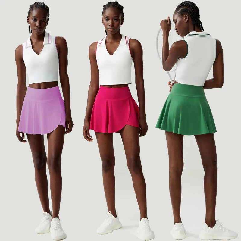 Women Two Pieces Fitness Yoga Set Summer Breathable Outdoor Running Suit 2 In 1 Pocket Tennis Skirt Female Short Sportswear