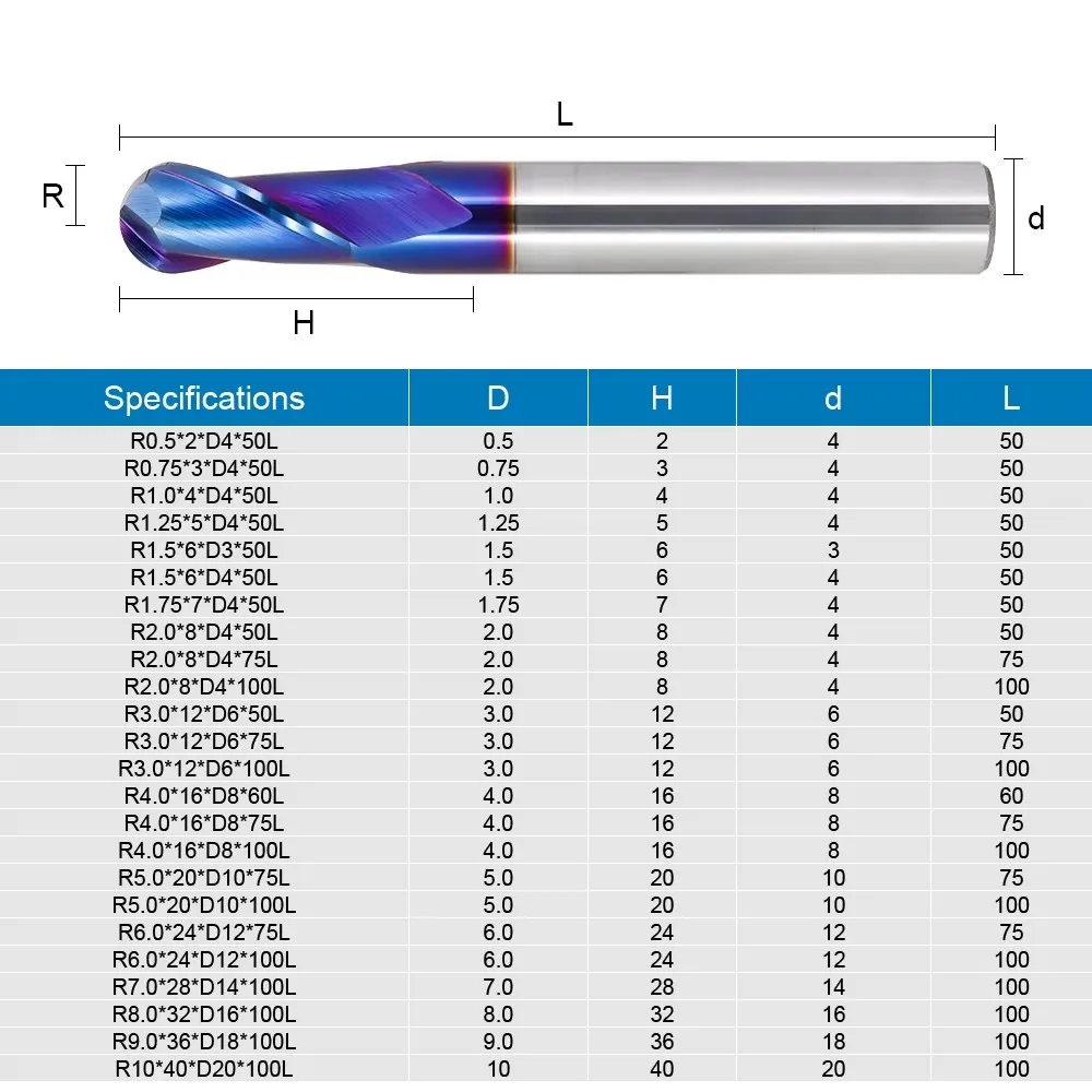 65HRC Nano Blue Coating Tungsten Steel 2 Flute Ball Nose End Mill, Solid Carbide CNC Milling Cutter for Mold Finishing