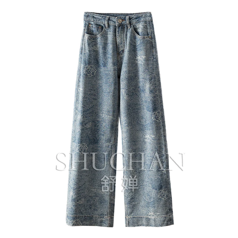 Dark Pattern Quicksand Rose Industry Jacquard Diamond Straight Wide Leg Jeans Women High Waisted Jeans Fashion