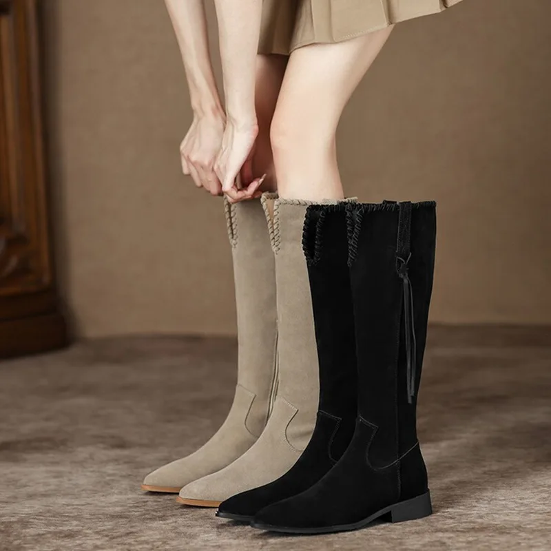 Nubuck Flock Low Heel Pointed Women's Knee Length Boots V-Shaped Boot Barrel Lace Up Side Zipper Casual Boots 2022 New