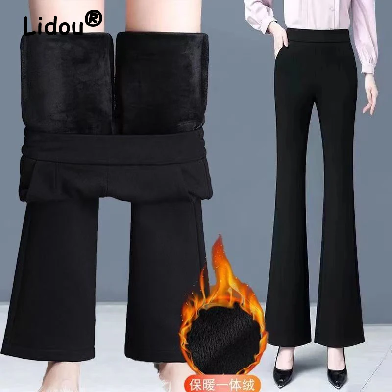 Pantalon Évasé en Peluche pour Femme, Noir, Taille Haute, Slim, Mode Coréenne, Élégant, Bureau, Automne, Hiver, 2023