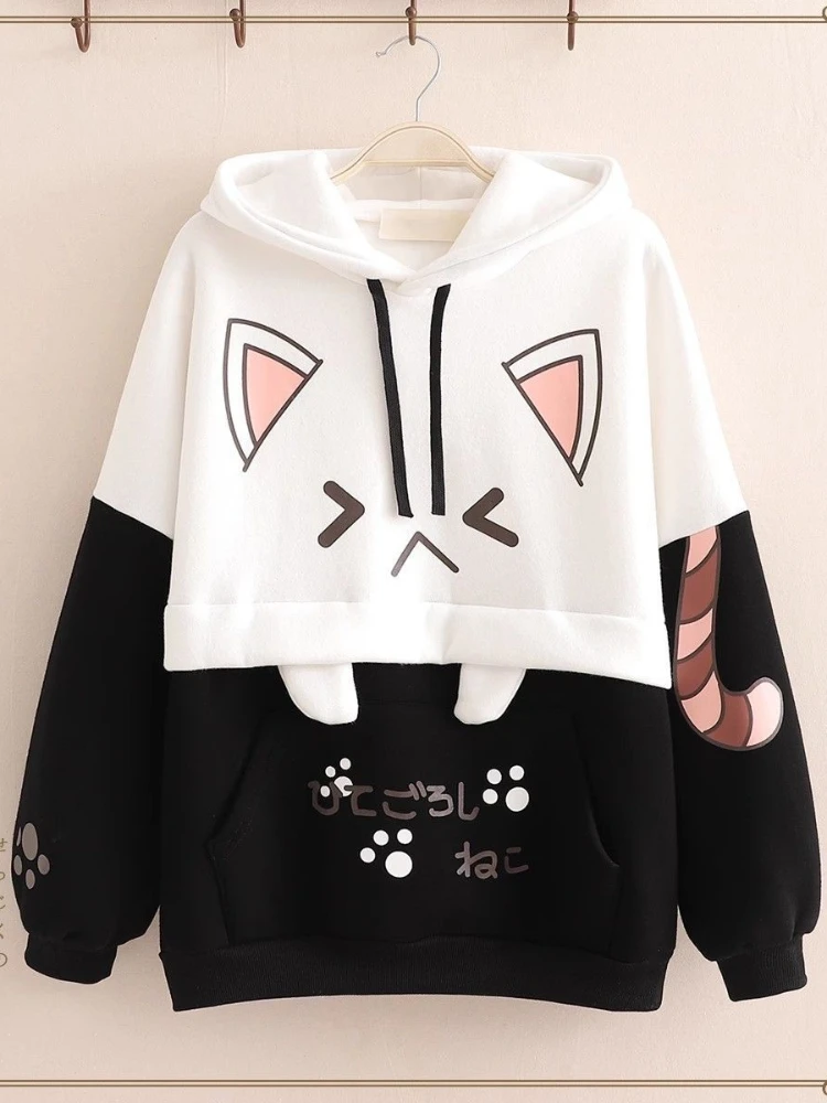 Deeptown Harajuku Kawaii Cat Printed Hooded Sweet Hoodies Anime Cotton Sweatshirt  Autumn Winter Thick Warm Y2K Girls Cute Coat