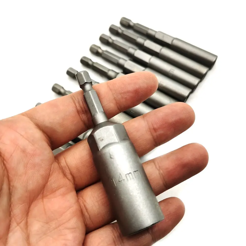 B50 15Pcs / 10Pcs 80mm Length Deepen Power Nut Driver Drill Bit Set 5.5-19MM Impact Socket Adapter For Power Tools 6.35MM Hex