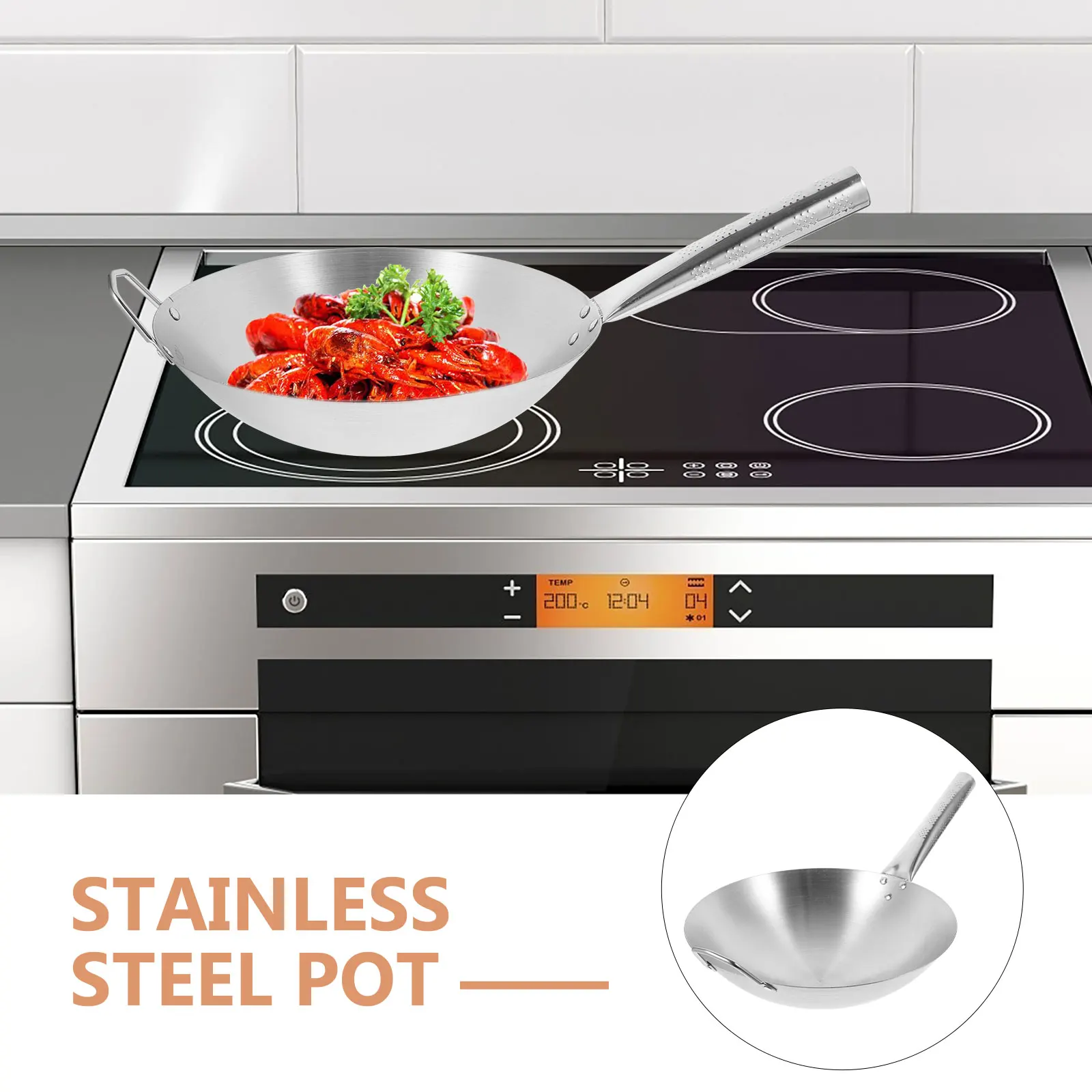 

Stainless Steel Frying No Coating Wok For Induction Gas Electric Cooktops Non-Stick Cooking Pan Kitchenware Household Chinese