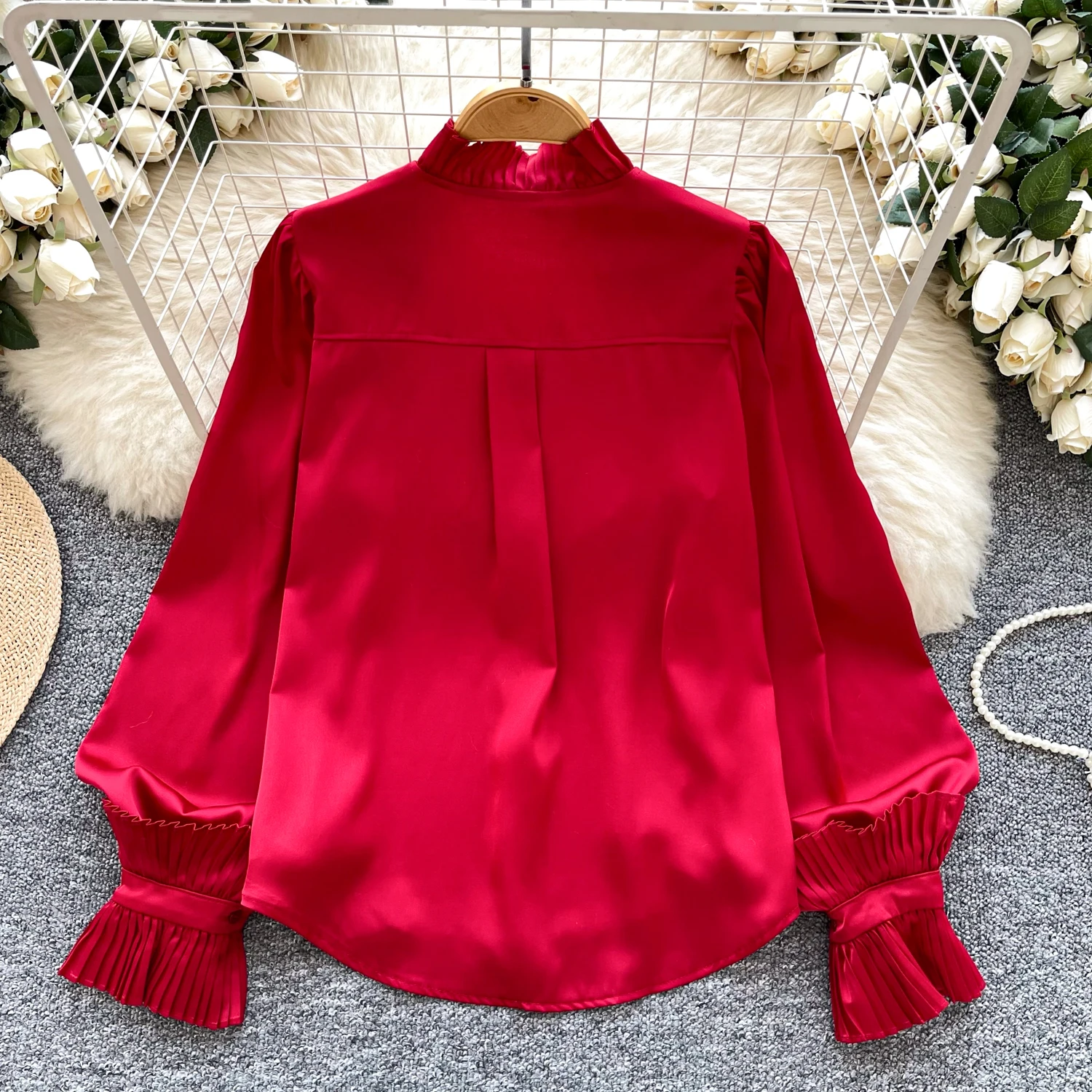 Basics Long Sleeves Elegant Stand Collar Chic Embroidered Beads  Bow Loose Satin Top French Streetwear High Street Autumn Shirts