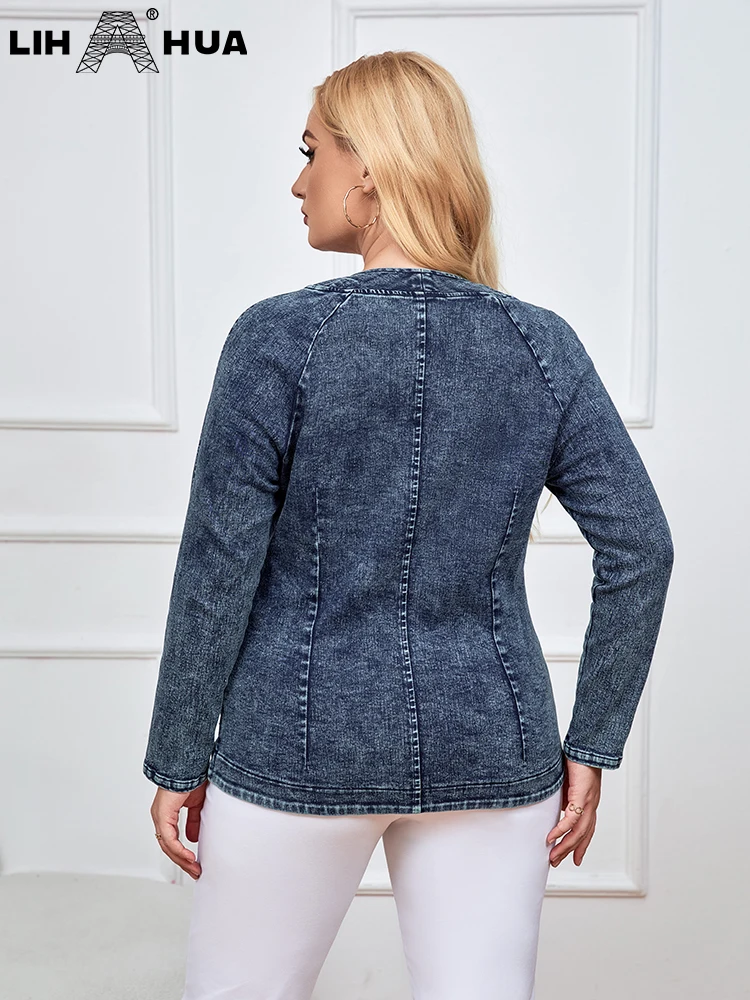 LIH HUA Women\'s Plus Size Denim Jacket Autumn Chic Elegant Jacket For Chubby Women Cotton Woven Jacket