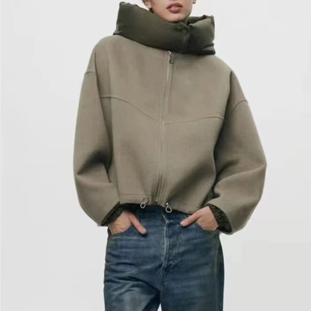 TWOTWINSTYLE Streetwear Casual Coats For Women Stand Collar Hooded Long Sleeve Patchwork Zipper Jackets Female Fashion Clothes