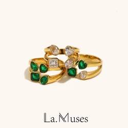 La. Muses Shining Double layered Love Droplet Geometric Cubic Zirconia Stainless Steel Women's Open Ring Waterproof Jewelry Gift