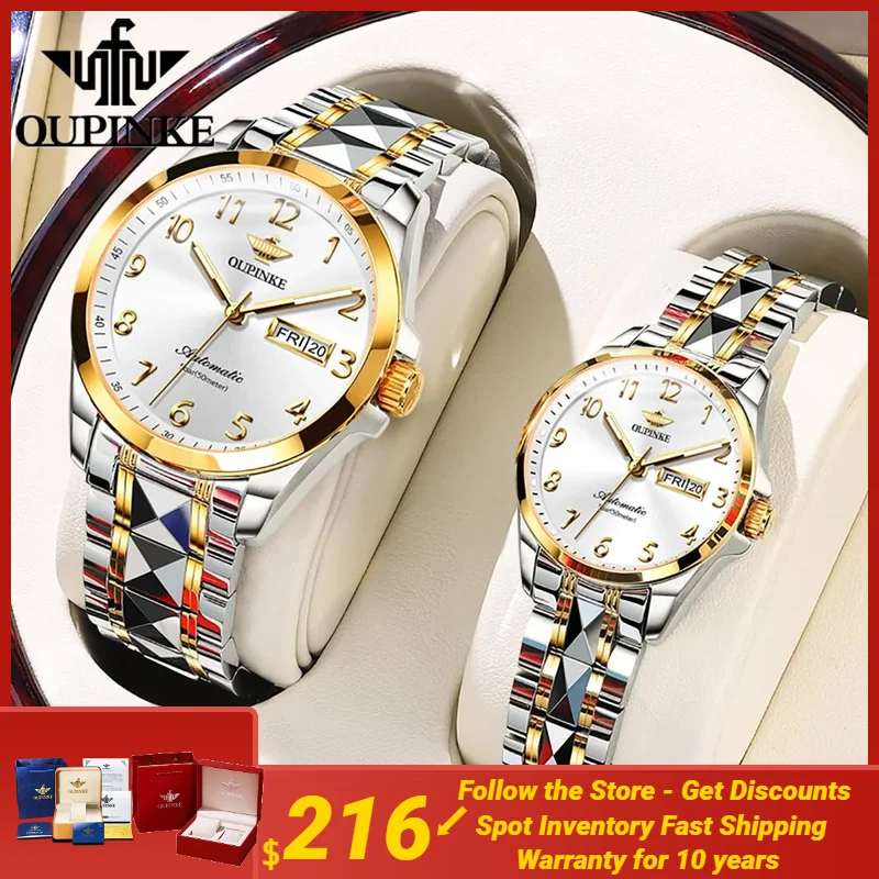 

OUPINKE Couple Watches for Men Women Japanese Movement Tungsten steel Swiss Certification Automatic Mechanical Lover's Watch Set