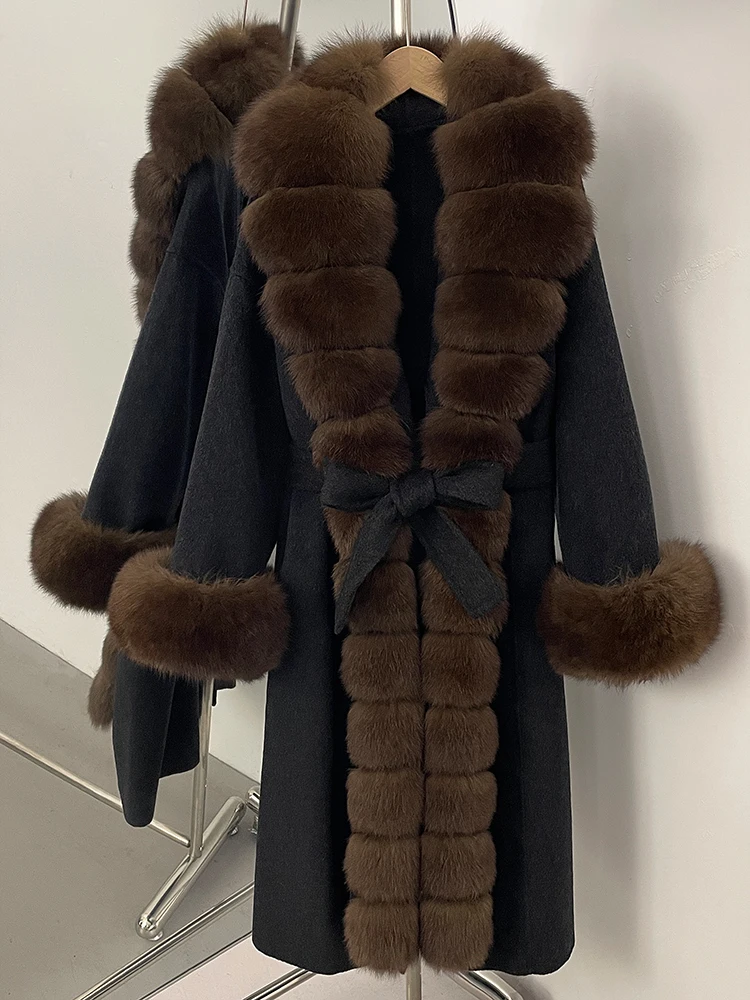 المرأة طويلة كبيرة الثعلب الفراء Pinnacle 100% معطف الصوف 2025 جديد الخريف الشتاء ClothesFemale حزام الفراء الطبيعي طوق سترة صوفية #2