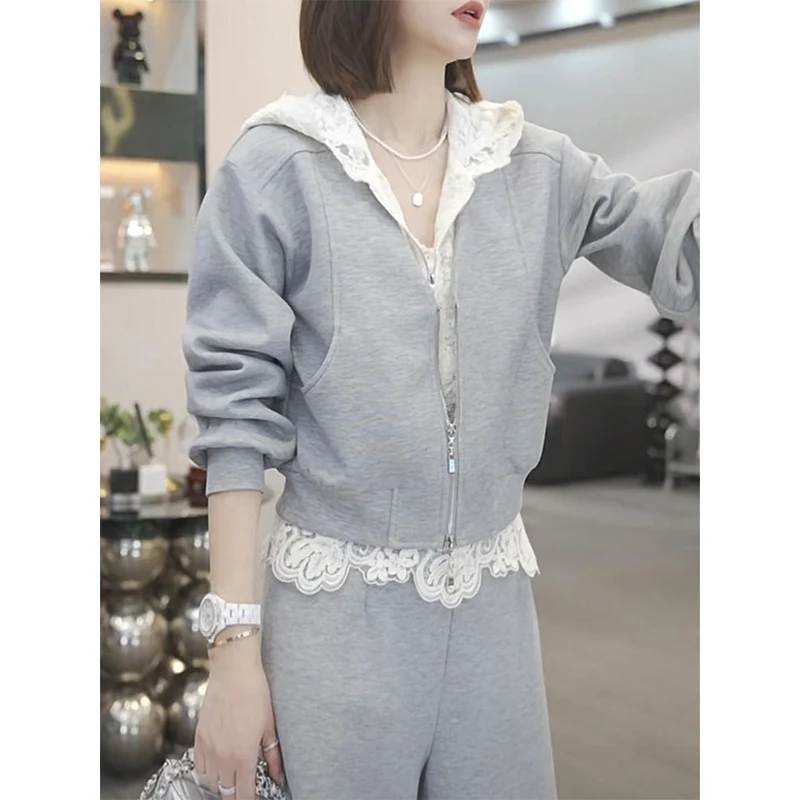 

Ruffle Sleeve Lace Splice Hooded Open Cardigan Spring 2026 New Versatile Design Sensation Sweatshirt Top