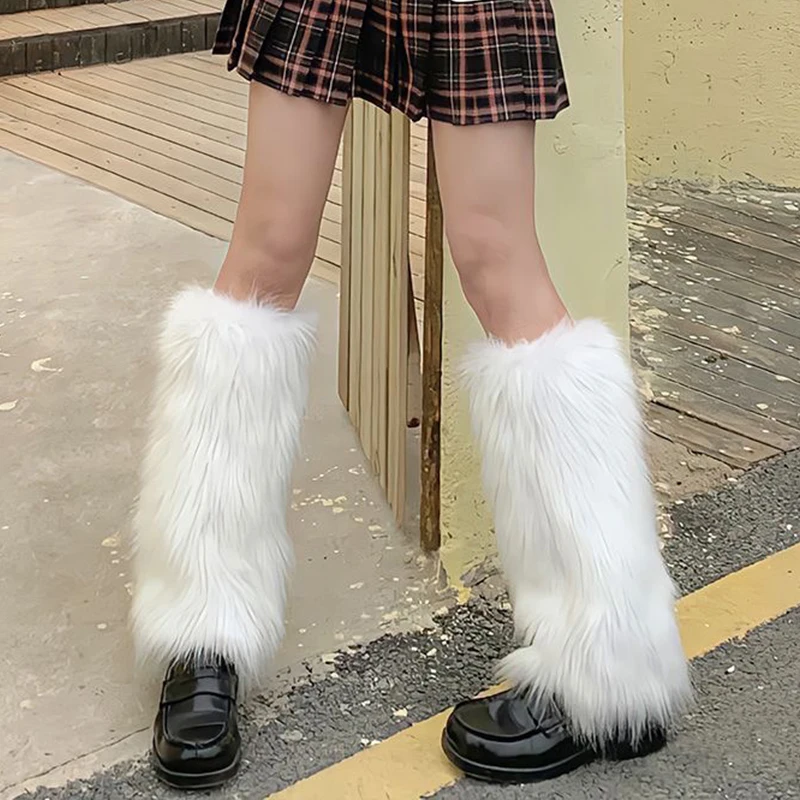 Japanese Fur Legger Warmer Punk Gothic Black Thickened Fluffy Boots Solid Leg Socks Y2k Foot Cover Harajuku Fashion Warm Socks