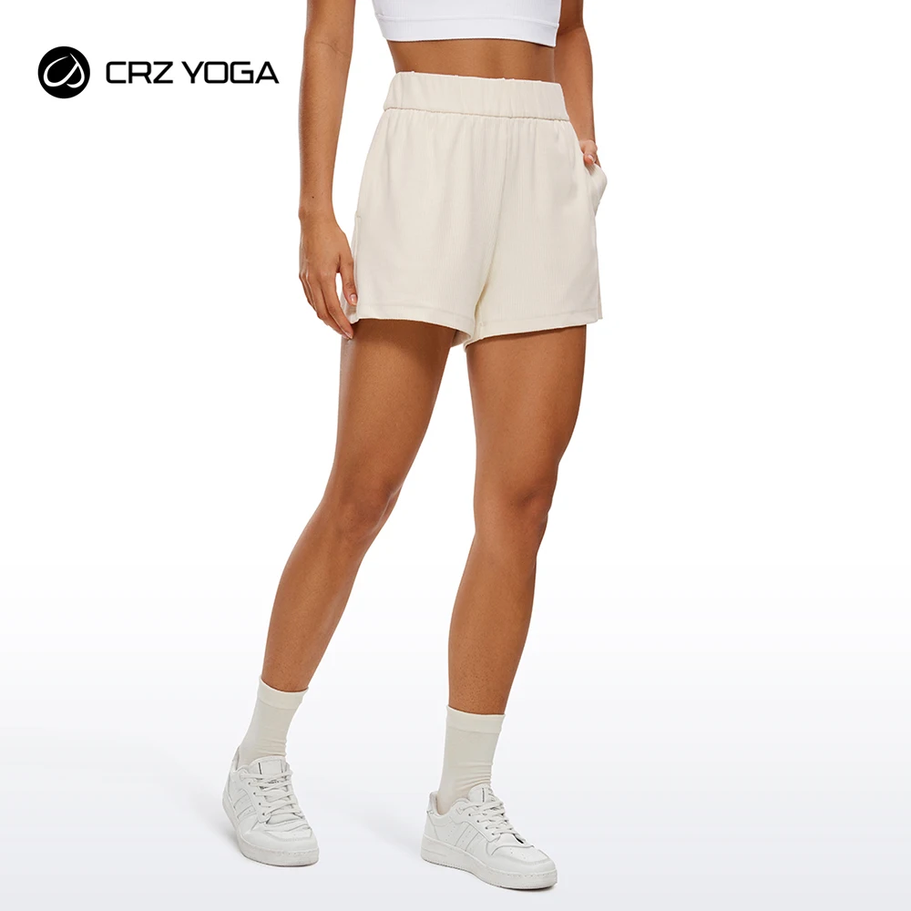 CRZ YOGA Wygodne prążkowane spodenki dresowe dla kobiet z wysokim stanem Tencel Casual Lounge Jersey Szorty z kieszeniami