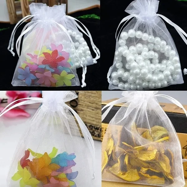 5-100pcs White Organza Candy Bags with Satin Drawstring Wedding Xmas Party Favor Gift Jewelry Wrapping Pouches