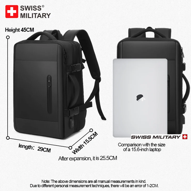 SWISS MILITARY Laptop Backpack Men 15.6 Inch Multi Pocket Expandable Backpack Waterproof USB School Backpack Business Travel Bag