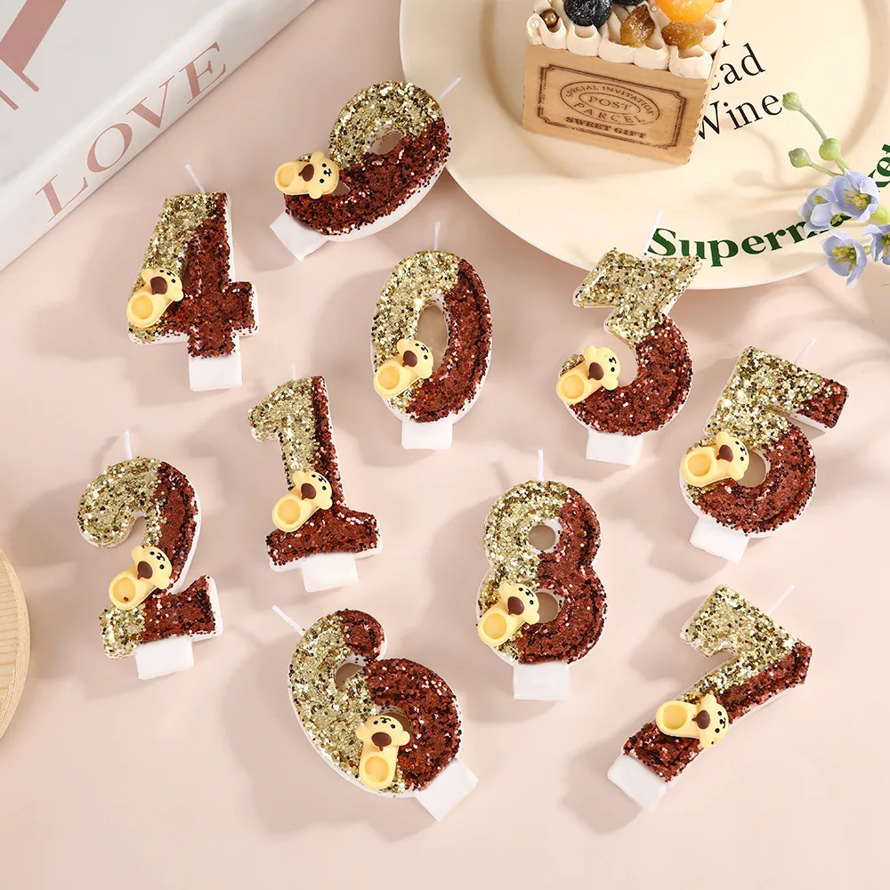 Cartoon Puppy Slipper Shaped Birthday Candle, Brown Gold Combination Super Shiny Piece Digital Candle, Party Dessert Cake Decor
