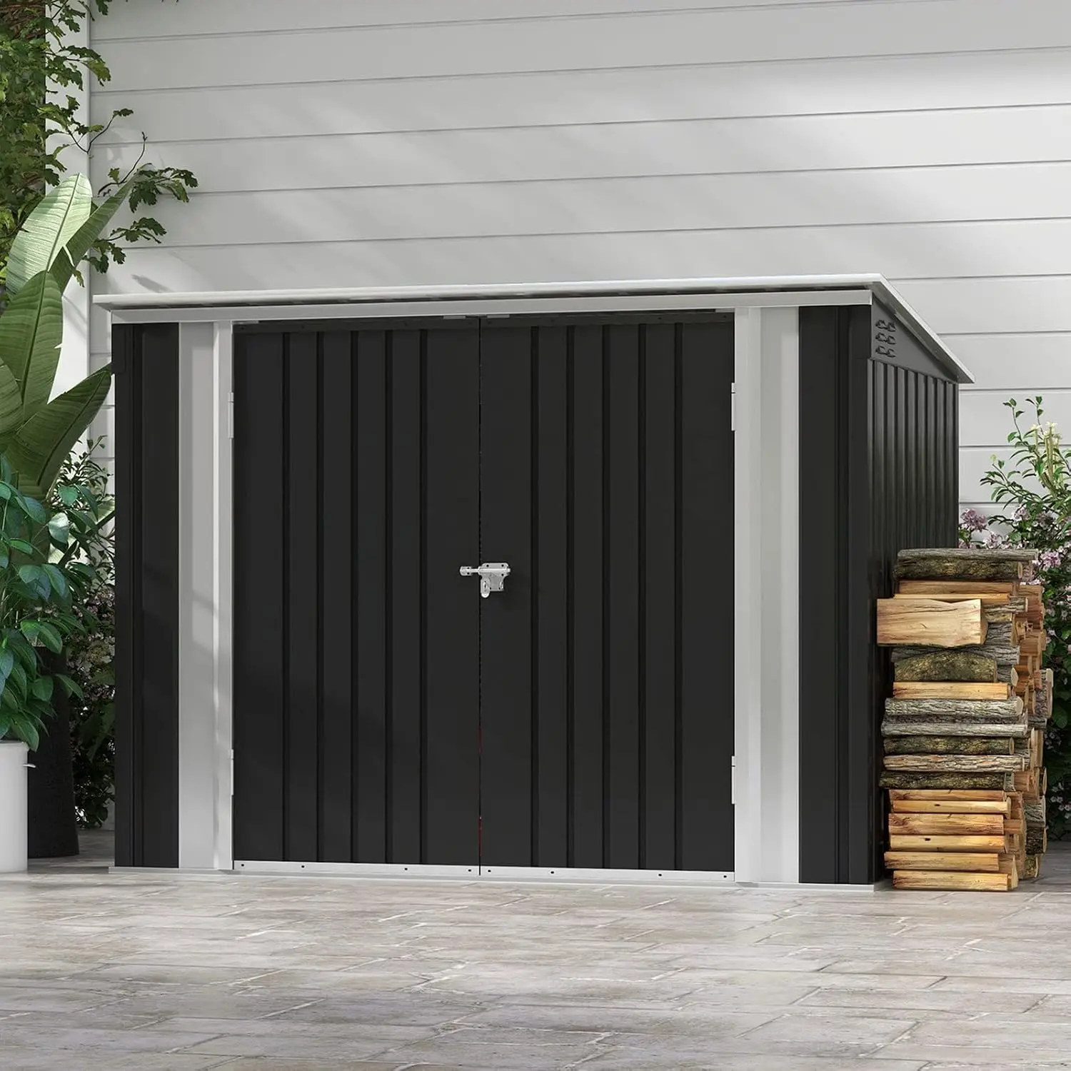 Horizontal Metal Shed, Outdoor Trash Can Storage Shed | Lockable Doors, Easy Lift Hinges, Garden Tools and Accessories, Waterproof Outdoor Garbage Can for Patio Garden Garage, Black