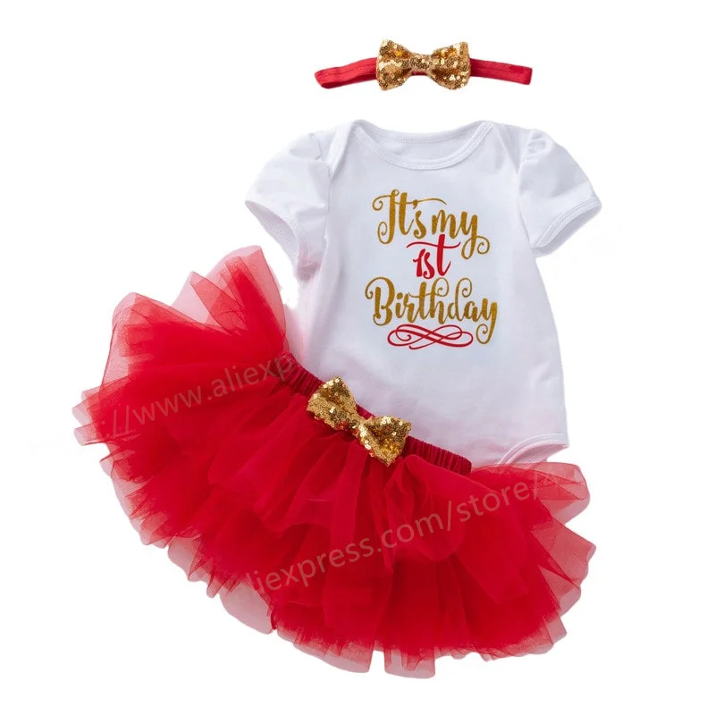 1st First Birthday Print Shirt Tutu Skirt Dress Outfit 1 Year Old Tutu Holiday Princess Dresses Christening Gown