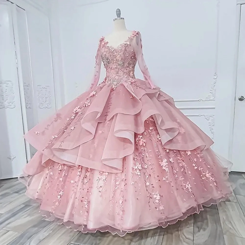 Pink Princess Quinceanera Dresses Ball Gown V-neck Long Sleeves Appliques Sweet 16 Dresses 15 Años Mexican