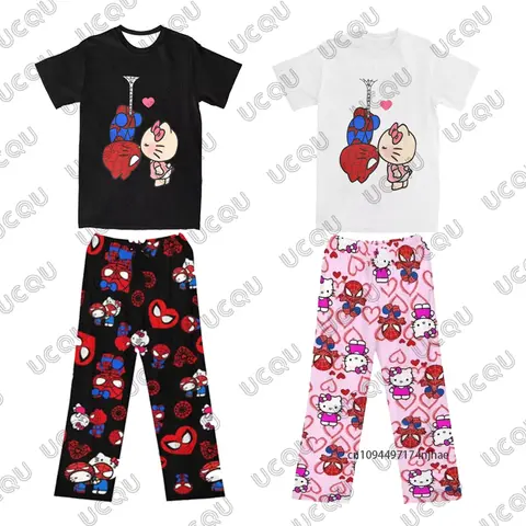 Women’s Trousers Tracksuit Hello Kitty & Spider-Man Print T Shirt+Pajamas Pants Set Casual Couple Suit Fashion 2 Piece Outfits