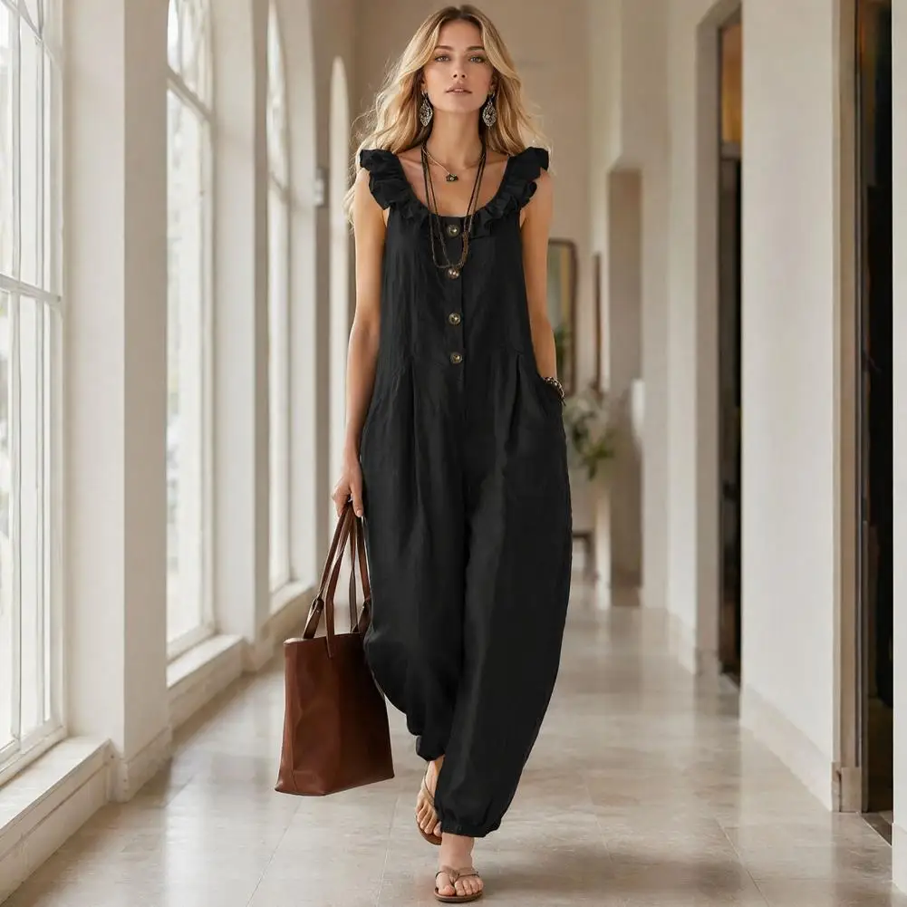 Pear-shaped Body Jumpsuit Summer Jumpsuit for Women Women’s Ruffle Crew Neck Jumpsuit with Pockets Wide Leg Rompers Summer