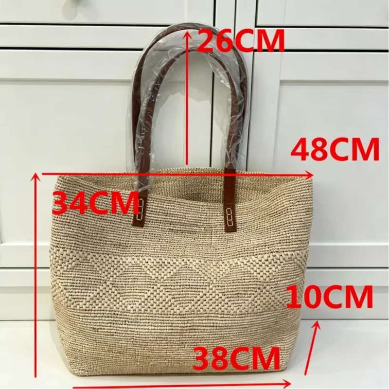 Raffia Leather Handle Tote Bag Luxury Large Capacity Hand-crocheted Straw Shoulder Bag Bohemian Beach Vacation Bucket Bags