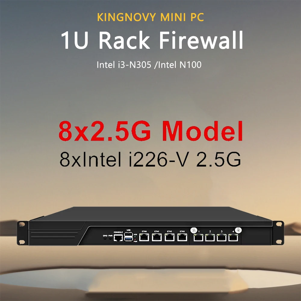 1U RackMount เซิร์ฟเวอร์ 64 บิตพร้อม Intel i3-N305 N100 DDR5 CPU + 2x10G SFP + 4x i226-V 2.5G/8x2.5G/4x2.5G Mini PC Server AES-NI