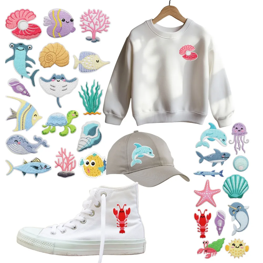 

Marine Creatures Embroidery Patch Shark Dolphin Clothes Decoration Appliques for Clothing Iron on Patches for Clothes Stickers