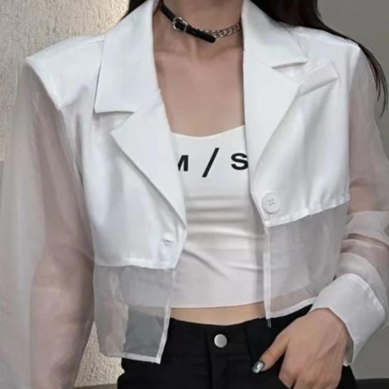 Sun-proof Blazers Women Cropped See-through Back-slit Summer Aesthetic Patchwork Streetwear Office Lady Fashionable Outwear 2023