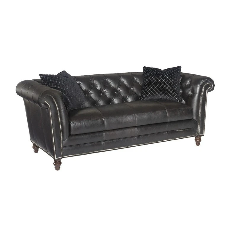 American retro leather sofa first layer cowhide three-person buckle sofa neoclassical solid wood small apartment living room