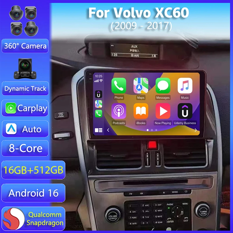 Android 16 Carplay Auto For Volvo XC60 2009 - 2017 Car Radio GPS Navigation Stereo 2K Screen Multimedia Video DSP Player Audio