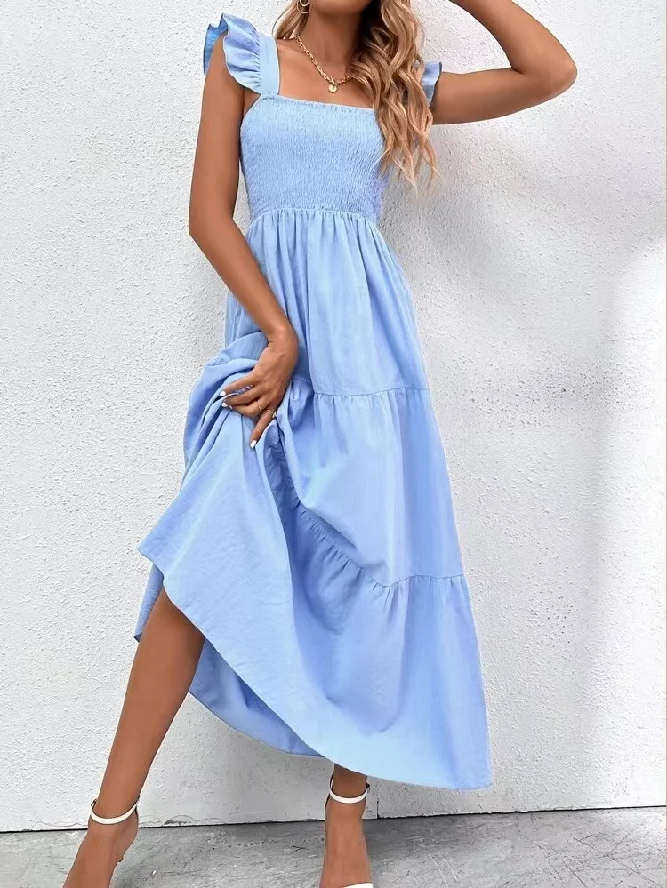 

Summer New Style Square Collar Backless Slim High Waist A-Line Sleeveless Long Dress Women's Fashion Elegant Lady Commute