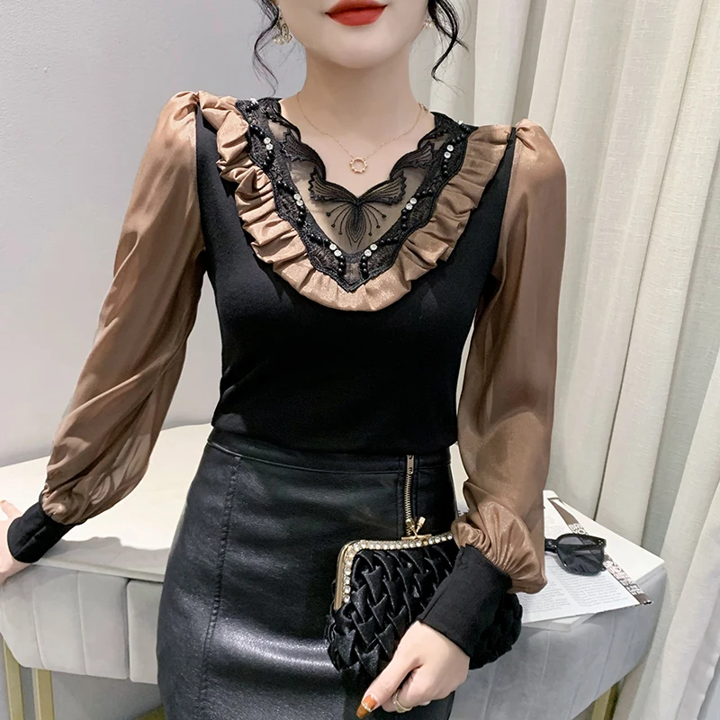 Fall Winter European Clothes T-Shirt Chic Sexy Patchwork Ruffles Shiny Beading Tops Chiffon Puff Sleeve 2025,New Hot Tees 0248