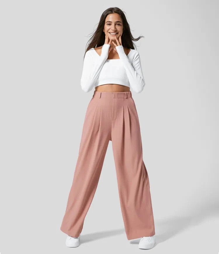 Women's trousers plaid slimming wide-leg pants with pockets high-waisted women'… - Image 3